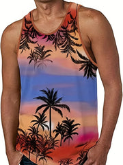 A man wears a sleeveless tank top featuring a 3D sunset print with palm tree silhouettes.