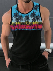 A men's sleeveless tank top featuring a tropical palm tree print on the upper chest and back.