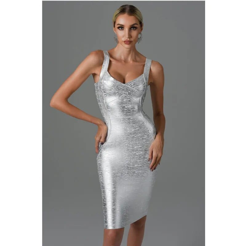 New Women Summer Style Sexy Sleeveless Backless Gold Silver Bronzing Midi Bodycon Bandage Dress 2022 Elegant Evening Party Dress - SHOWLU FASHION STORE