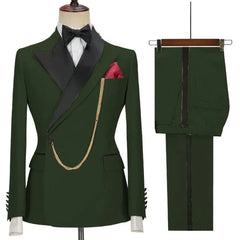 A dark green two-piece slim fit suit with a black lapel, gold chain detail, and matching trousers.