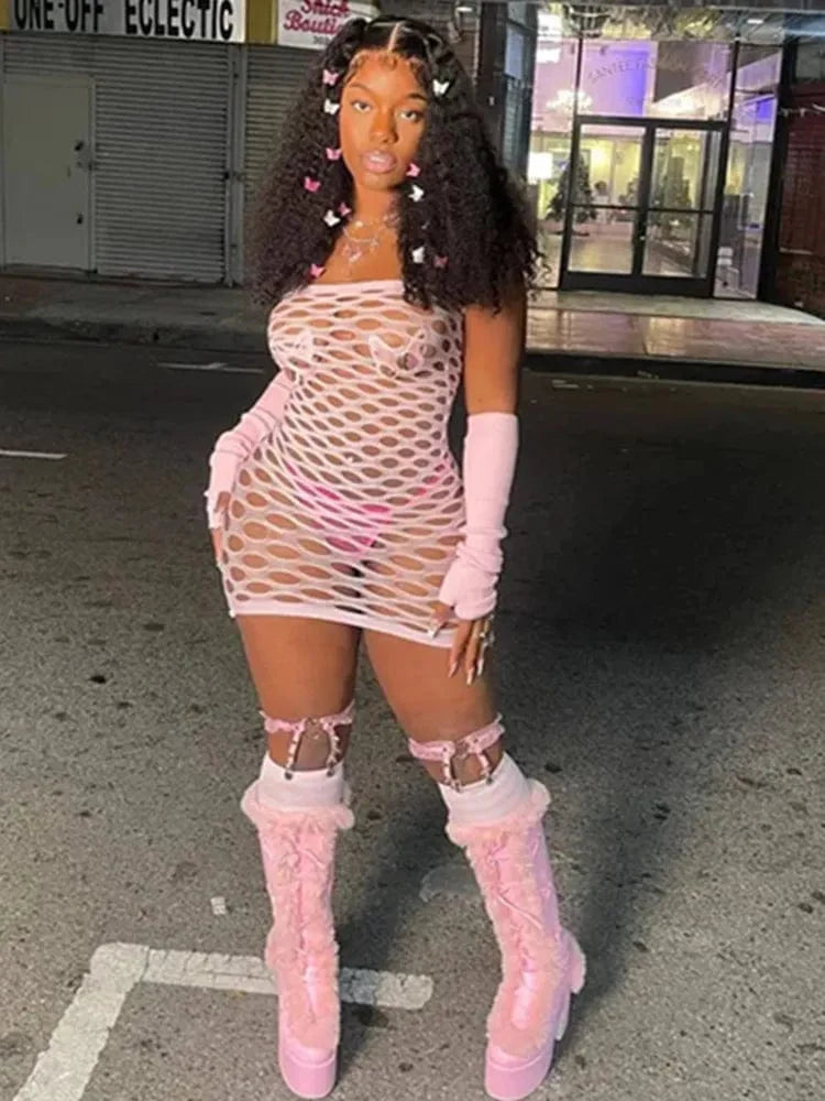 Night Club Erotic Costumes New Fashion Women's Mini Bodycon Dress Erotic Perspective Fishing Net Tight Lingerie Sleepwear - SHOWLU FASHION STORE