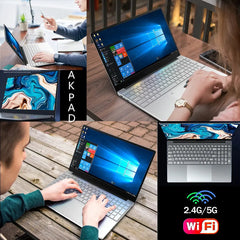 A silver 15.6-inch AKPAD laptop with a backlit keyboard and dual-band Wi-Fi connectivity.