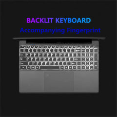 Top-down view of a laptop keyboard with a numeric keypad, trackpad, and fingerprint sensor.