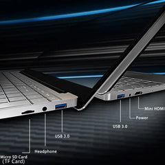 A silver laptop showing its side ports including USB 3.0, HDMI, headphone jack, and card slot.