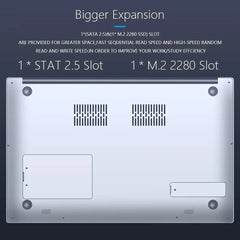The underside of a laptop showing two removable panels for SATA and M.2 SSD storage expansion.