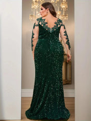 O Neck Curve Long Sequined Velvet Lace Evening Dress Prom Gown Floor Length Backless Maxi Dresses - SHOWLU FASHION STORE