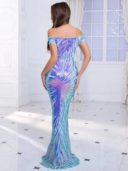 Off Shoulder Stretch Sequin Evening Party Dress Bodycon Backless Slash Neck Floor Length Night Prom Gown Padded - SHOWLU FASHION STORE