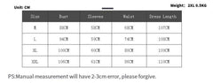 A size chart table for a women's long sleeve button down midi dress with measurements in centimeters.