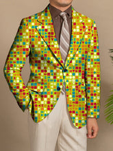 A man wears a slim-fit blazer featuring a vibrant geometric pattern in green, blue, and orange.