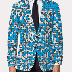 A men's slim fit blazer featuring a geometric pattern in blue, white, and dark gray.