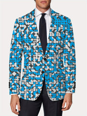 A men's slim fit blazer featuring a vibrant blue, grey, and white geometric abstract print.