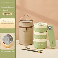 A set of three green, stackable stainless steel lunch boxes with a matching insulated carry bag.