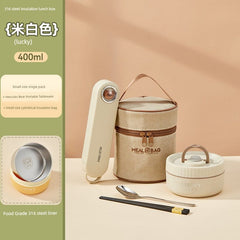 A beige insulated lunch box set with a matching carrying bag, cutlery, and a 316 steel liner.