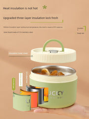 A light green insulated lunch box with a 316 stainless steel interior and a removable lid.
