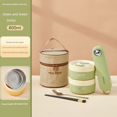 A green two-tier stainless steel lunch box set with a matching insulated bag and utensils.