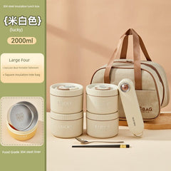 A beige four-piece stainless steel lunch box set with a matching insulated tote bag and cutlery.