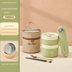 A green insulated lunch box set with two containers, a matching bag, and portable cutlery.