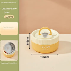 A cream yellow 400ml insulated lunch box with a 316 stainless steel liner and a handle.
