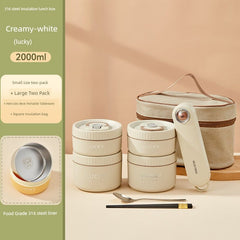 A creamy-white insulated lunch box set with four containers, a carrying bag, and matching cutlery.