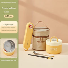 A cream yellow insulated lunch box set with a matching bag, cutlery, and stainless steel liner.
