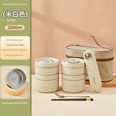 A set of two beige insulated lunch boxes with stainless steel liners, cutlery, and a carry bag.