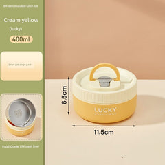 A cream yellow, round, insulated lunch box with a handle and a 304 stainless steel interior.