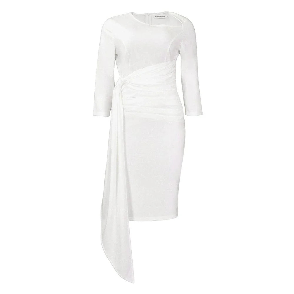 A white long-sleeve midi dress with a slash neckline and a draped side-tie waist detail.