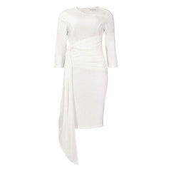 A white long-sleeve midi dress with a slash neckline and a draped side-tie waist detail.
