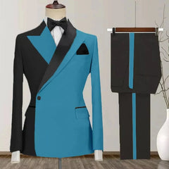 A two-piece men's suit featuring a color-blocked blue and black jacket with a peak lapel.