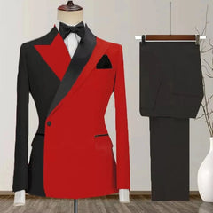 A two-piece men's suit featuring a color-blocked red and black jacket with a peak lapel and pants.