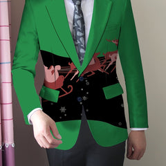 A green slim-fit blazer featuring a black midsection with a Santa and reindeer cartoon print.