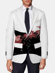 A white slim-fit men's blazer featuring a black midsection with a red Santa sleigh print.