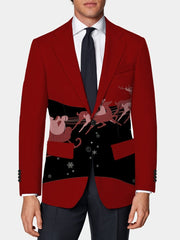 A red slim-fit blazer featuring a black panel with a Santa and reindeer cartoon print.
