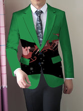 A man wears a green slim-fit blazer featuring a black midsection with a Santa and reindeer print.