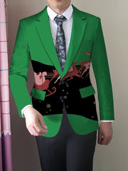 A man wears a green slim-fit blazer featuring a black midsection with a Santa and reindeer print.