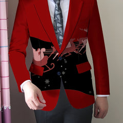 A slim-fit red blazer featuring a black midsection with a Santa and reindeer cartoon print.