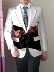 A men's slim-fit white blazer featuring a black midsection with a Santa and reindeer print.