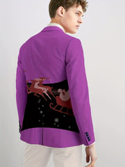 A man wears a purple slim-fit blazer featuring a black panel on the back with a Santa sleigh print.