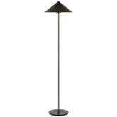 A minimalist floor lamp with a thin metal pole, a round base, and a wide conical shade.