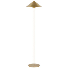 A minimalist brass floor lamp featuring a slim pole, a round base, and a conical shade.