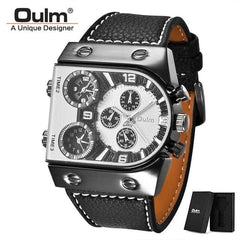 Oulm Watches Mens Quartz Casual Leather Strap Wristwatch Sports Multi - Time Zone Military Male Clock erkek saat Dropshipping - SHOWLU FASHION STORE