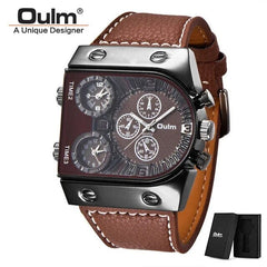 Oulm Watches Mens Quartz Casual Leather Strap Wristwatch Sports Multi - Time Zone Military Male Clock erkek saat Dropshipping - SHOWLU FASHION STORE