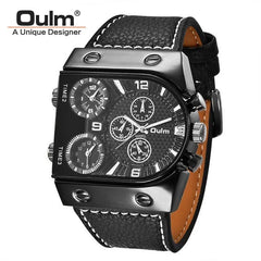 Oulm Watches Mens Quartz Casual Leather Strap Wristwatch Sports Multi - Time Zone Military Male Clock erkek saat Dropshipping - SHOWLU FASHION STORE