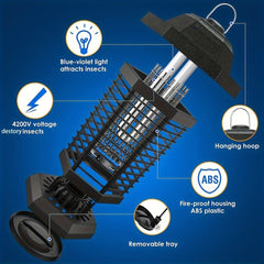 An electric bug zapper with a blue-violet light, protective grid, and a removable collection tray.