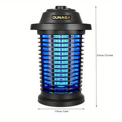A black cylindrical outdoor insect killer with a glowing blue light and labeled dimensions.