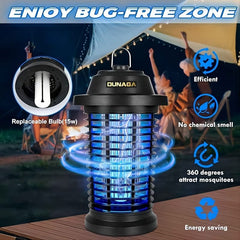 A black portable outdoor insect killer with a replaceable 15-watt bulb and a hanging handle.