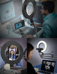 An adjustable desktop tripod stand featuring a ring light and mount for cameras or smartphones.