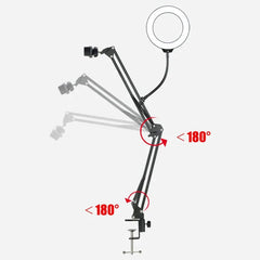 An adjustable desktop tripod arm with a ring light and phone mount.