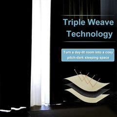 A black curtain is shown next to a diagram illustrating its three-layer fabric construction.