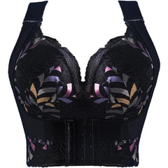 A black wire-free push-up bra featuring floral embroidery, wide straps, and a front hook closure.